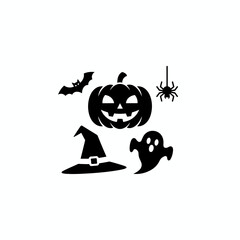 Spooky Halloween Night Scene Black Silhouette Icon - Jack-o'-lantern, Dead Tree, Bat, and Spider Graphic