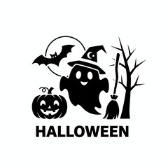 Black and White Halloween Icon with Jack-o'-Lantern, Witch Hat, Bat, and Spider Silhouette