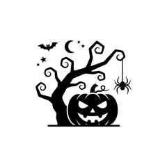 Halloween Black Silhouette Icons Set: Jack-o'-Lantern, Ghost, Bat, Witch Hat, and Spider Graphics Collection
