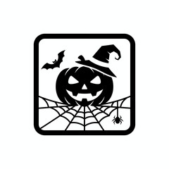 Black Halloween icon set silhouette featuring Jack-o'-Lantern, Witch Hat, Ghost, Bat, and Spiderweb.