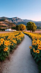 Vast Field Of Bright Yellow Sunflowers Under A Clear Blue Sky With A Winding Gravel Path Leading To Distant Rolling Hills And A White Building Bathed In Warm Sunlight