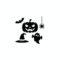 Scary Halloween Pumpkin Jack-O-Lantern Silhouette with Spooky Tree, Bat, and Spider Icon