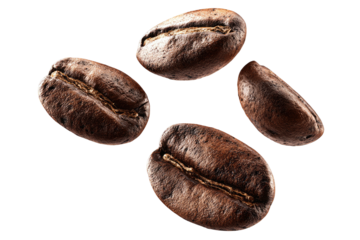 Four roasted coffee beans with a deep brown color against black