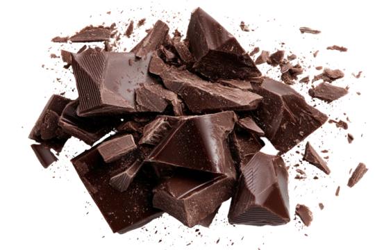 Dark chocolate chunks and shards scattered on a black background