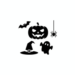 Halloween Silhouette Icons: Jack O'Lantern, Ghost, Bat, Witch Hat, and Spider.