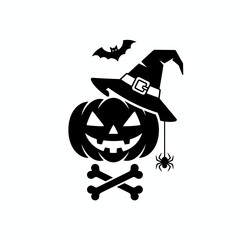 Halloween night scene silhouette icon featuring jack-o'-lantern, spooky tree, flying bat, and hanging spider against the moon and stars.