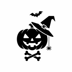 Black Halloween silhouette design with ghost, jack-o-lantern, witch hat, bat, and spooky tree.