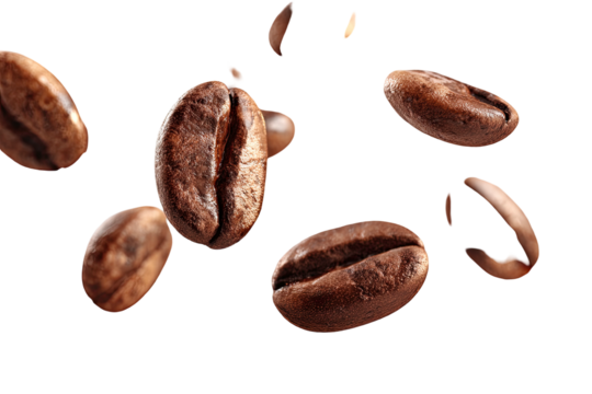 Roasted coffee beans suspended in motion against a dark background