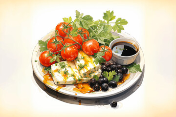 breakfast plate with cheese, toast, soy sauce, olive, vegetables, and tomatoes vector illustration on white isolated background for healthy food and morning meal concept