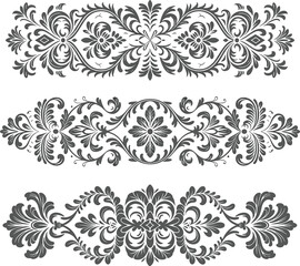 Ornamental floral borders, vintage damask motifs, symmetrical decorative elements, elegant scroll design, classic vector set, black pattern, baroque style accents