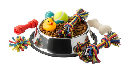 Dog food in a stainless steel bowl surrounded by toys including a bone rope balls and a rubber duck isolated on white