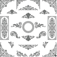 Ornate decorative element set with floral scrollwork, symmetrical baroque motifs, corner flourishes, vintage vector embellishments for frames, borders, and invitations