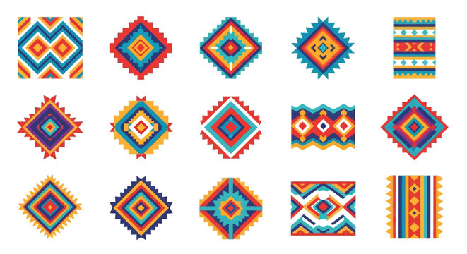 Set colorful geometric patterns inspired by indigenous textile, featuring diamond and zigzag motifs in vibrant ethnic style