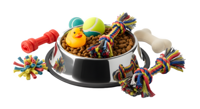 Dog food in a stainless steel bowl surrounded by toys including a bone rope balls and a rubber duck isolated on white