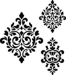 Ornate floral emblem set, symmetrical decorative motif, vintage swirl design, black vector ornament for textile, graphic layout, and architectural embellishment