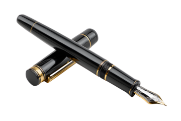 Stylish black fountain black pen vintage style isolated on cut out PNG or transparent background. Realistic equipment stationery template pattern. Fountain pen is that can hold ink in cartridge.