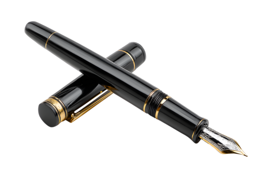 Stylish black fountain black pen vintage style isolated on cut out PNG or transparent background. Realistic equipment stationery template pattern. Fountain pen is that can hold ink in cartridge.