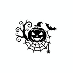 A spooky Halloween pumpkin wearing a witch hat sits on a spider web with a bat and a dead tree.