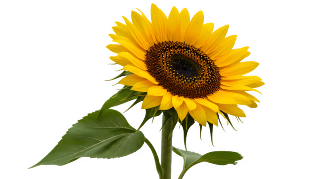 Bright yellow sunflower with green leaves isolated on white background perfect for summer themes and natural beauty projects