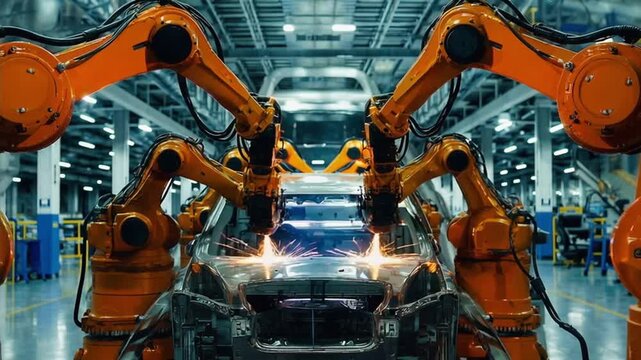 Robotic arms assembling a car in a modern factory. Industrial automation and advanced manufacturing technology concept with sparks and precision engineering