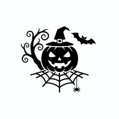 Black and white Boo! Halloween vector graphic with ghost, spiderweb, and flying bats design element