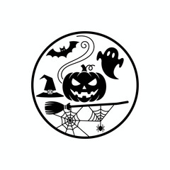 Cute Halloween "Boo!" Typography Design with Ghost, Bat Wings, and Jack-o'-Lantern Icon isolated in Black and White