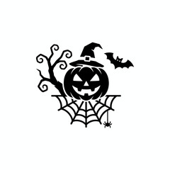 Halloween Boo! Spooky word art design featuring ghosts, bat, and jack-o'-lanterns in black and white silhouette.
