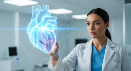 Medical professional examining glowing holographic human heart model with advanced technology in a modern healthcare setting