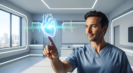 Doctor Using Holographic Heart & ECG in Futuristic Medical Lab for Digital Health Diagnostics
