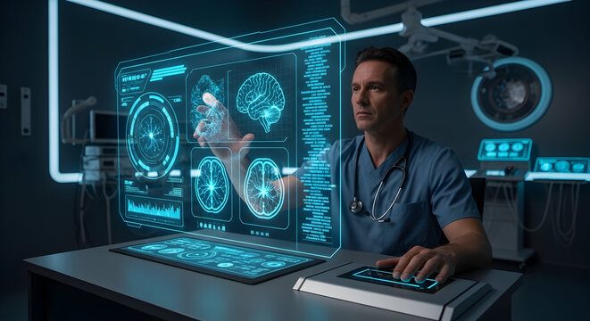 Futuristic Medicine: Doctor Interacting with Holographic Display for Advanced Diagnostics and Treatment Planning