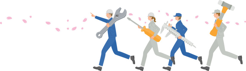 Workers running under cherry blossoms carrying large tools, teamwork and new start concept
