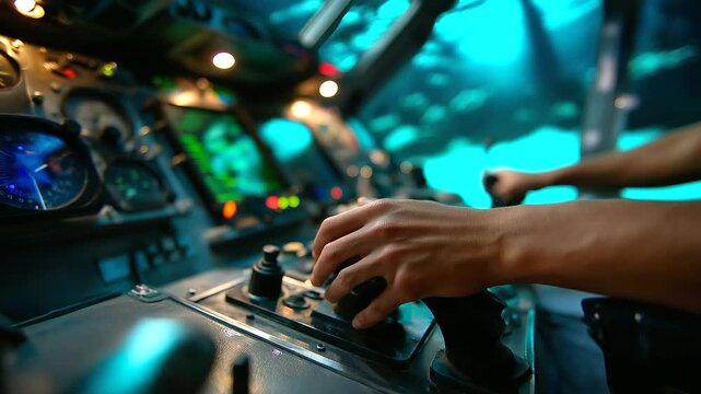 Faceless pilot&rsquo;s hands gripping control levers inside submersible, faint bioluminescence outside casting cyan hues over metal surfaces, defocused instrumentation, with copy space.