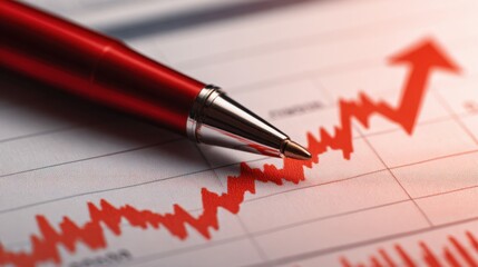 Close-up of a red pen pointing at an upward trending financial graph on paper