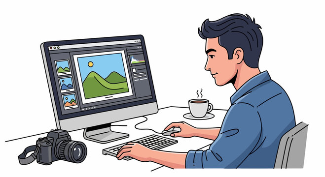 Illustrative designer working on computer, editing landscape photo with coffee nearby. Concept for graphic design tutorial, creative professional workflow and digital art creation