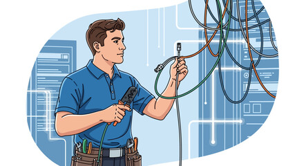Illustration of a technician working with network cables and crimper tool in a server room, concept for network maintenance, data center solutions and telecommunications