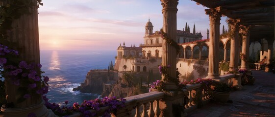 A grand coastal palace at sunset, viewed from a columned terrace adorned with flowers