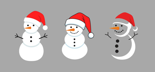 A collection of three cute cartoon snowmen wearing red Santa hats, isolated on a plain grey background.