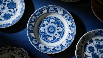 Blue and white porcelain plates with floral patterns arranged on a dark surface
