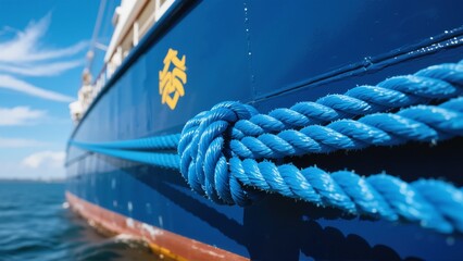 Blue rope tied to a ship's hull with a yellow emblem, docked at sea under a clear sky