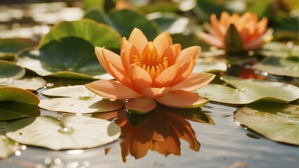 Orange water lily blooming on a pond with lily pads and reflections