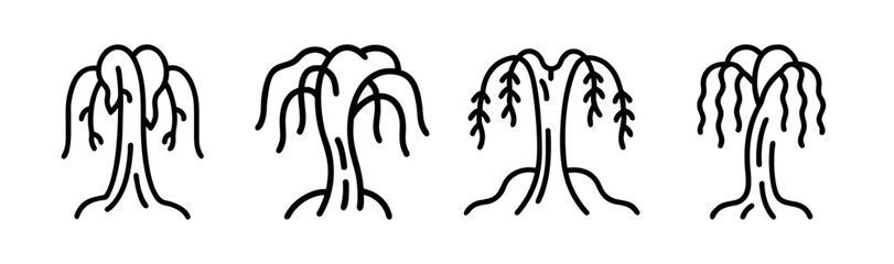 Four stylized weeping willow trees line art simple organic nature forms