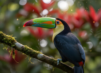 Exotic Toucan Perched: A vibrant keel-billed toucan with a striking, colorful beak perches regally on a moss-covered branch, amidst a lush, verdant backdrop of leaves.