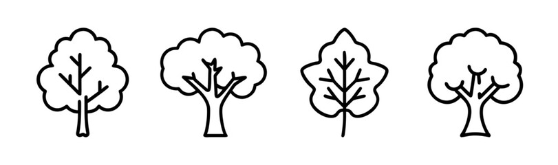 Set of four hand drawn beech tree icons representing nature and growth