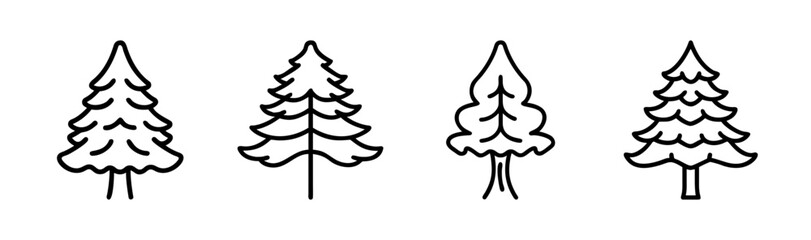 Collection of four hand-drawn pine trees sketch style forest nature elements
