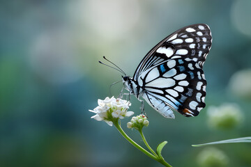 Monarch butterfly resting gently on small white flower in a serene natural garden setting