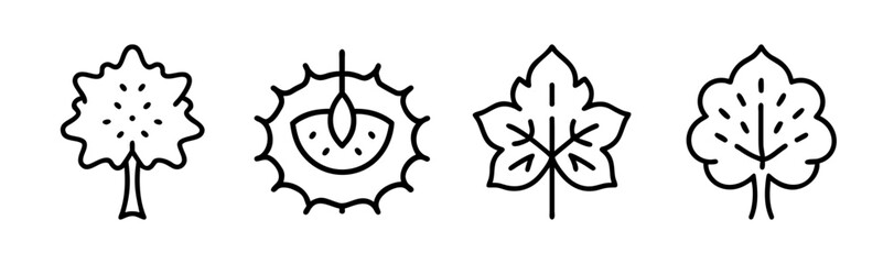 Four hand drawn stylized leaves and one spiky seed pod collection icons