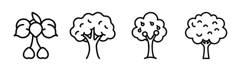 Charming hand-drawn sketch of four delightful trees and cherry blossoms