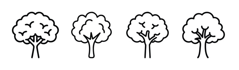 Four sketched beech trees in a row with textured foliage and distinct branches simple woodland design