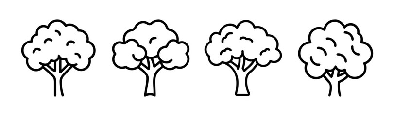 Four simple line art cottonwood trees with detailed foliage a variety of shapes