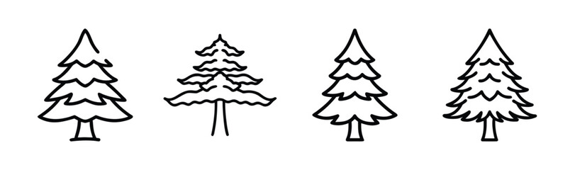 Four stylized pine trees hand drawn sketch style minimalist forest elements